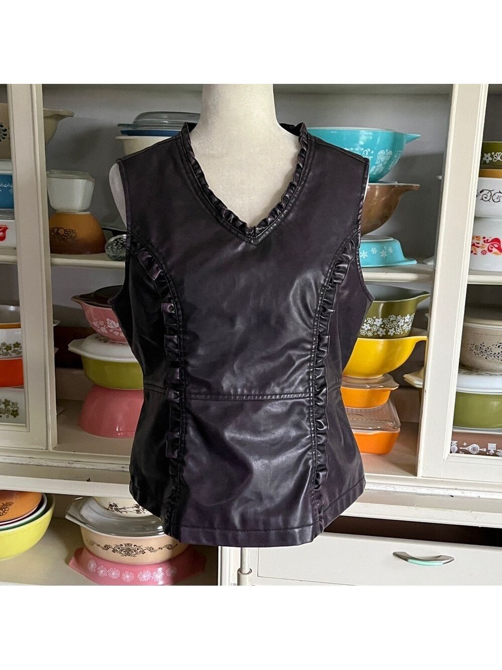 Dollhouse Outerwear Faux Leather Purple/Brown Ruffle Top - Size Large